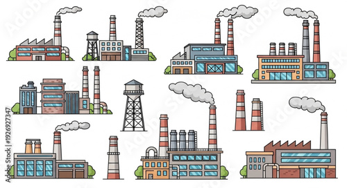 Industrial factory buildings with smoke stacks emitting pollution into the atmosphere, vector illustration.