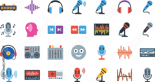 Professional audio equipment icon set featuring microphones headphones sound waves studio mixers and podcasting tools for music production radio broadcasting and recording vector illustrations