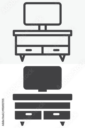 Cupboard and television icon set in line and solid style. Outline and filled vector icon with editable stroke. TV cabinet sign and symbol for living room decor.