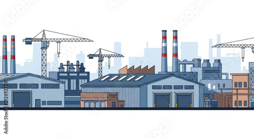 Industrial complex with factories, cranes, and smokestacks, a cityscape.