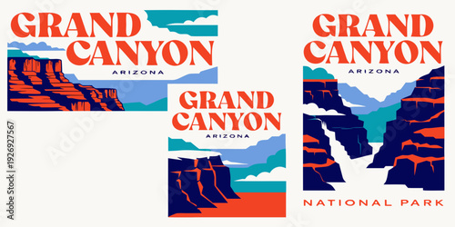 Vintage National Park Style Grand Canyon SVG Set – Retro Landscape Vector Banner, Card, Flyer Design with Layered Canyon Silhouettes & Outdoor Adventure Aesthetic