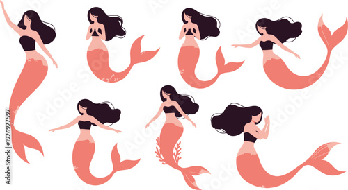 Mermaid illustration set with various poses and pink tails