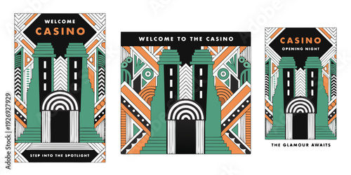 Art Deco Casino Façade SVG Set – Vintage Geometric Architecture Vector Banner, Card, Flyer Design with Elegant 1920s Symmetry and Retro Luxury Style