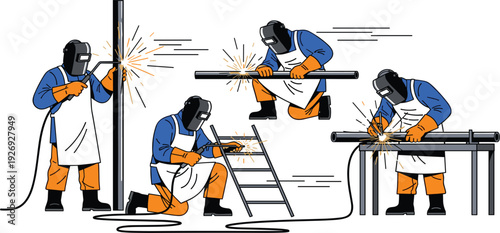 Welding Workers Industrial Illustration Set Showing Metal Fabrication Process, Construction Labor, Steel Manufacturing and Professional Welder Safety Equipment Vector Collection