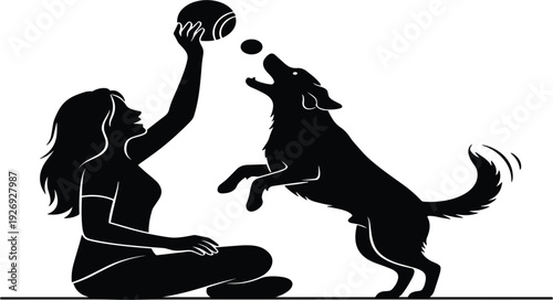 Woman Playing with Dog Silhouette Vector Illustration with Pet Fetching Ball, Animal Training Scene for Logo, Decal, T Shirt Print and Graphic Design