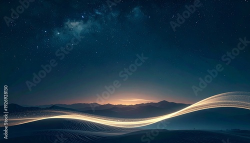 A serene desert landscape at dusk with glowing sand dunes under a starry night sky