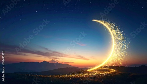 Crescent moon shining brightly over a serene landscape at dusk with fireworks exploding in the sky