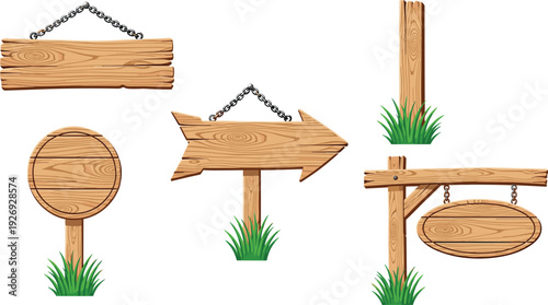 Set of rustic wooden signboards and blank timber placards with hanging chains, directional arrows, and grass isolated on white background for outdoor information design.