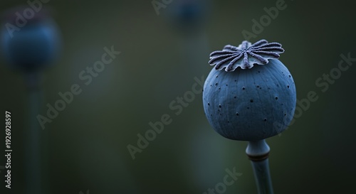 Closeup image of mature opium poppy seed pod with intricate top details against blurred green foliage background
