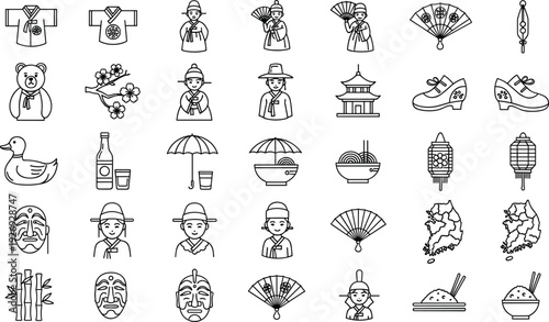 South Korea culture and traditional travel icon set with hanbok clothing, kimchi, soju, gwanghwamun gate, korean mask, cherry blossom, and oriental folding fan vectors.