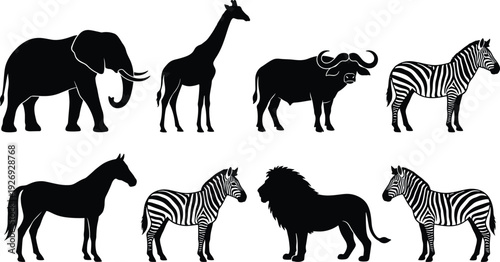 African wild animal silhouette collection featuring elephant, giraffe, buffalo, zebra, horse, and lion isolated on white background, black vector illustration set for safari wildlife design.
