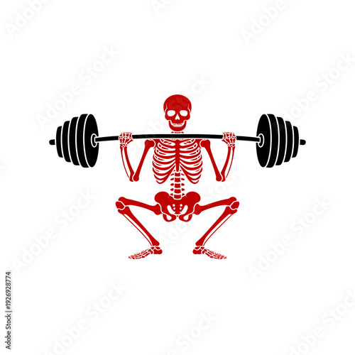 Red skeleton lifting heavy weights in squat position with barbell