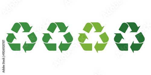 Four green recycling symbols in different shades on white background