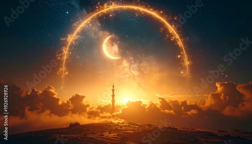 A crescent moon shines brightly within a fiery arch, above a radiant sunset landscape with clouds and a distant tower, viewed from a low vantage point