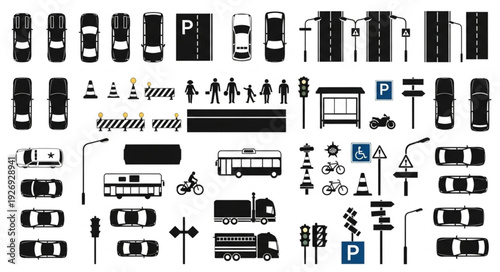 Collection of various road signs, vehicles, and transportation elements in black and white.