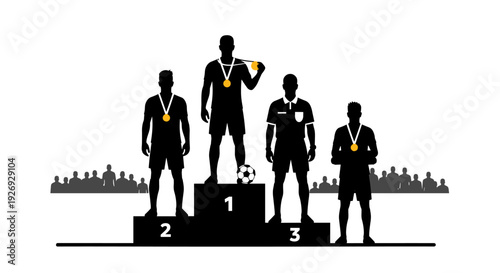 Vector illustration of a sports winner receiving gold medal on podium with other athletes, celebrating victory and achievement