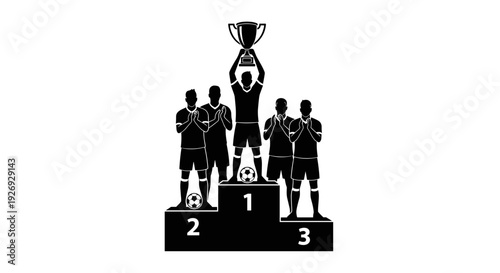 Black and White Vector Illustration of a Soccer Team Celebrating Victory on a Podium with a Trophy, Champions
