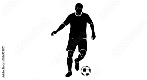 Silhouette vector illustration of a soccer player dribbling a ball with motion lines, isolated on white background, perfect for sports graphics and design projects