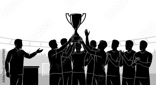 Celebratory vector illustration of a triumphant sports team, silhouetted, raising a shining trophy in unison, symbolizing collective victory, teamwork, and athletic achievement