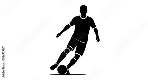 Captivating vector graphic of a soccer player expertly dribbling a football, embodying agility and dedication in a powerful, minimalist monochrome illustration