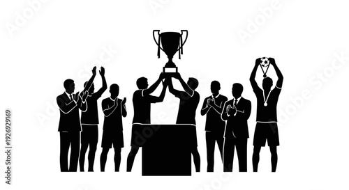 Silhouette vector illustration of a triumphant sports team celebrating a championship win by lifting a trophy and receiving medals, depicting success and achievement