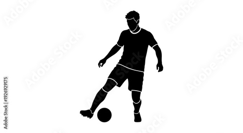 Silhouette vector illustration of a male football player dribbling with the ball on a white background, dynamic movement and sporty action
