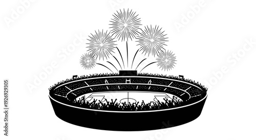 Vector illustration of a stadium with fireworks celebrating a sporting event, outdoor sports arena with a crowd watching a game, conceptual vector art