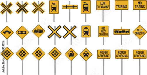 Yellow railway warning sign set featuring railroad crossing symbols, train station notices, rough crossing cautions, low clearance alerts, and transportation safety traffic signal vectors.