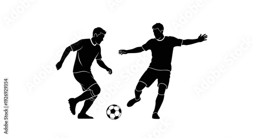Dynamic vector graphic capturing two male soccer players in a spirited match, emphasizing athletic competition, skill, and teamwork in a striking black silhouette concept