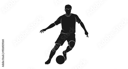 Silhouette of a soccer player dribbling a ball on a white background, vector illustration of a sportsman playing football, athletic man with a soccer ball