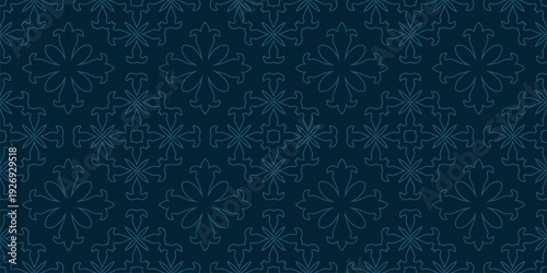 Medieval european gothic floral geometric seamless pattern. Elegant dark blue vector texture with gothic flower ornaments, stars. Outline background. Repeated design for decor, print, textile, fabric