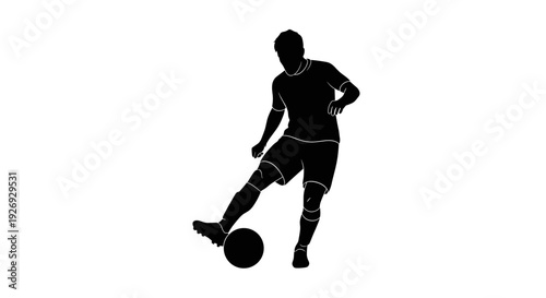 Dynamic black vector silhouette of a male soccer player dribbling a football, capturing athletic movement and sports action in a versatile graphic illustration for sports designs
