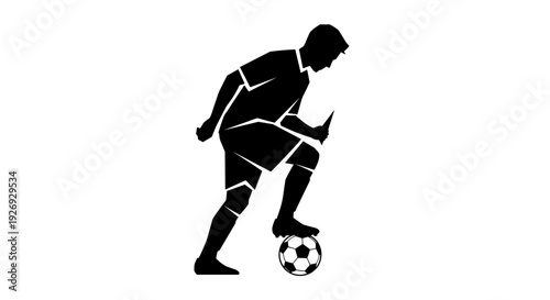 Vector Silhouette of a Soccer Player with Ball, Dynamic Action Illustration of Football Sport, Graphic Design Element
