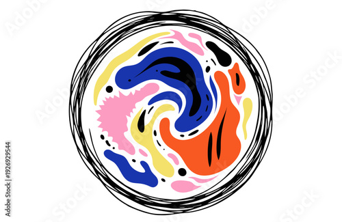 A vibrant abstract composition of colorful organic shapes is enclosed within a dynamic hand-drawn scribbled circle frame, creating a modern artistic look.