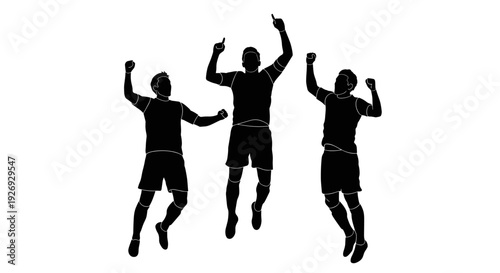 Dynamic vector illustration of a triumphant sports team celebrating a victory, jumping with raised arms in joyful success and achievement for sport events