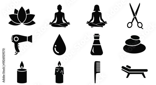 A minimalist collection of black silhouette icons representing various items and activities associated with spa, beauty, and wellness.