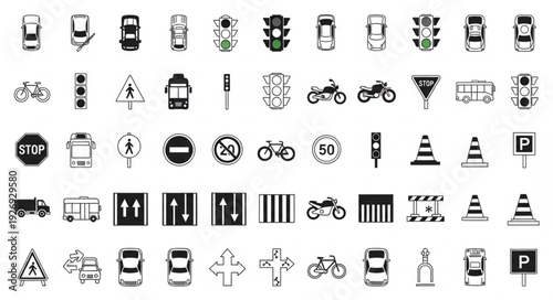 Collection of various traffic signs and symbols, representing road safety and regulations for drivers.