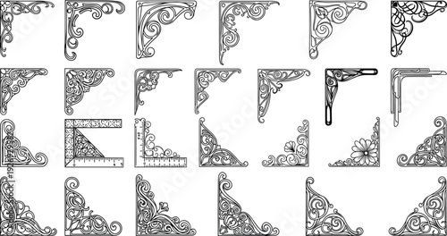Vintage decorative corner border set featuring ornate filigree frames, victorian scrollwork ornaments, baroque flourishes, and elegant floral lace dividers for luxury wedding stationery.