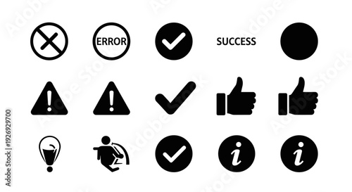 Set of black and white vector icons representing different concepts like success, error, warning, information, and approval, suitable for web and print design