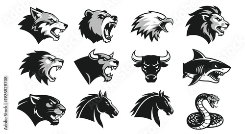 A powerful collection of black and white mascot or logo designs featuring the fierce heads of various wild animals.