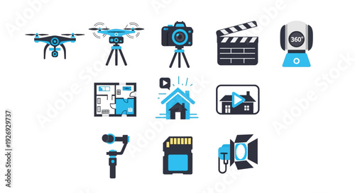 A comprehensive collection of blue and black flat design icons representing videography photography real estate and smart home technology on a clean white background.
