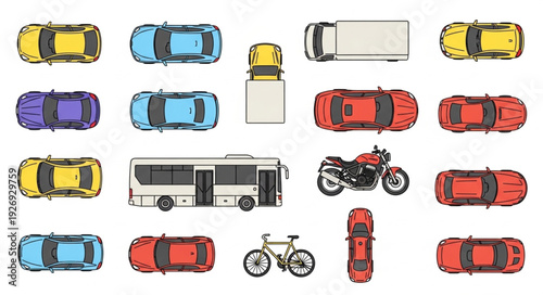 Collection of various vehicles including cars, bus, motorcycle, and bicycle, top view.