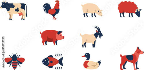 This charming collection features various cartoon farm animals and domestic creatures, isolated on a clean white background.