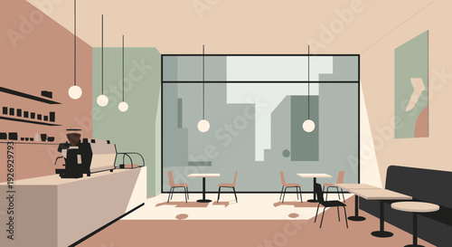 Modern minimalist coffee shop interior with counter and seating area.