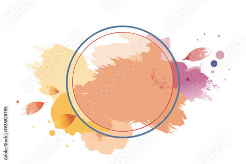 A soft watercolor background in warm orange and pink hues gracefully frames a delicate blue and orange double-ringed circle, accented with subtle leaf motifs.