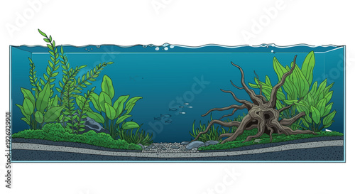 A beautifully aquascaped freshwater aquarium environment showcases lush green plants, natural driftwood, gravel, and several small swimming fish.