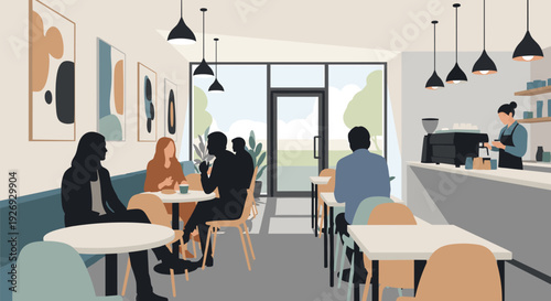 People enjoying coffee and conversation in a modern cafe setting.