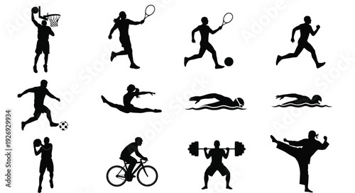 A dynamic collection of black sport silhouettes depicts various athletes participating in popular activities like basketball, tennis, running, swimming, and weightlifting.