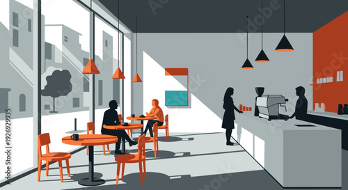 People enjoying coffee and working in a modern, sunlit cafe interior.