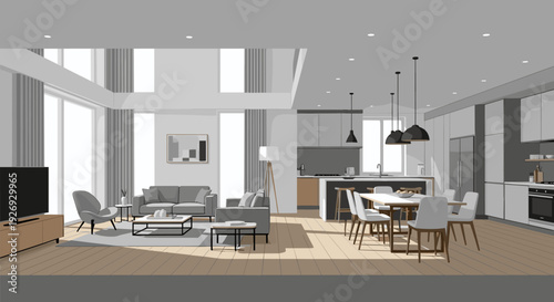 Modern open concept living room and kitchen interior design.